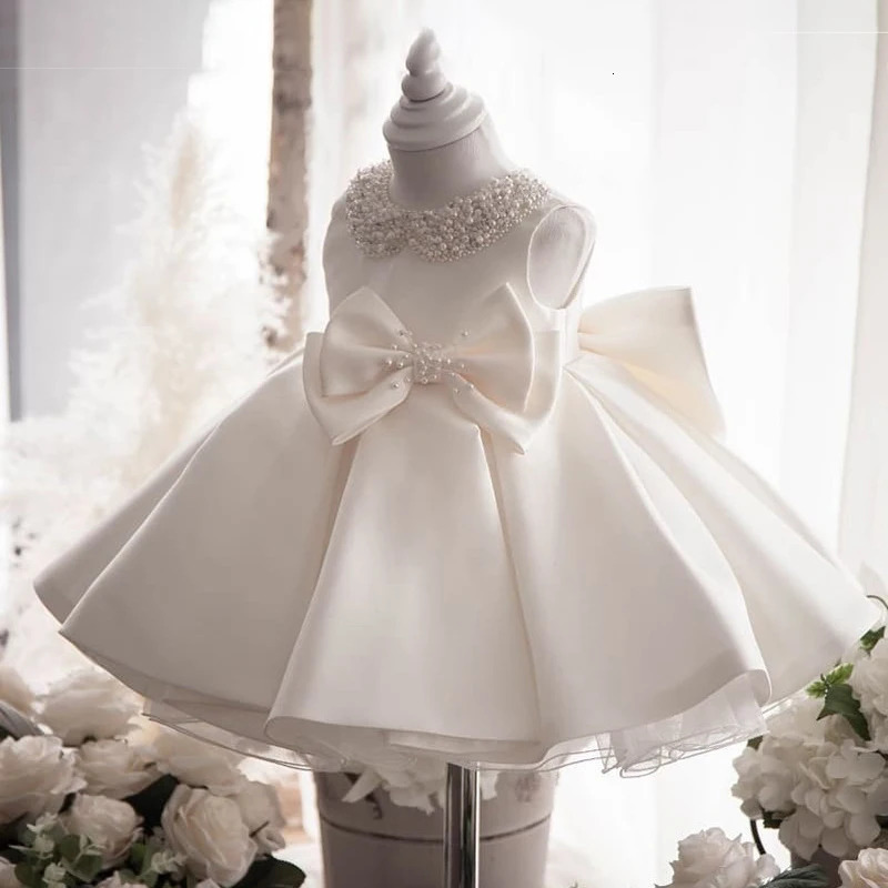 Toddler White Wedding Satin Princess Baby Girl Dress Big Bow 1 Year Birthday Baptism Party for Bridemaid Kids Clothin 250527
