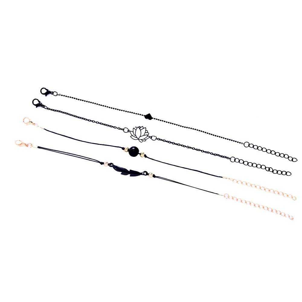 SUMENG 2024 New Fashion 4PCs Gothic Black Feather Lotus Bracelets Set Heart Charm Boho Bangles For Women Wrist Chain W250526