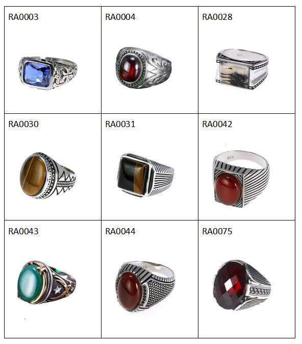 Sier Gems Stone Mens Ring Big Turkish Rings for Men With Green Red Tiger Eyes Stones Vintage Turkey Jewelry