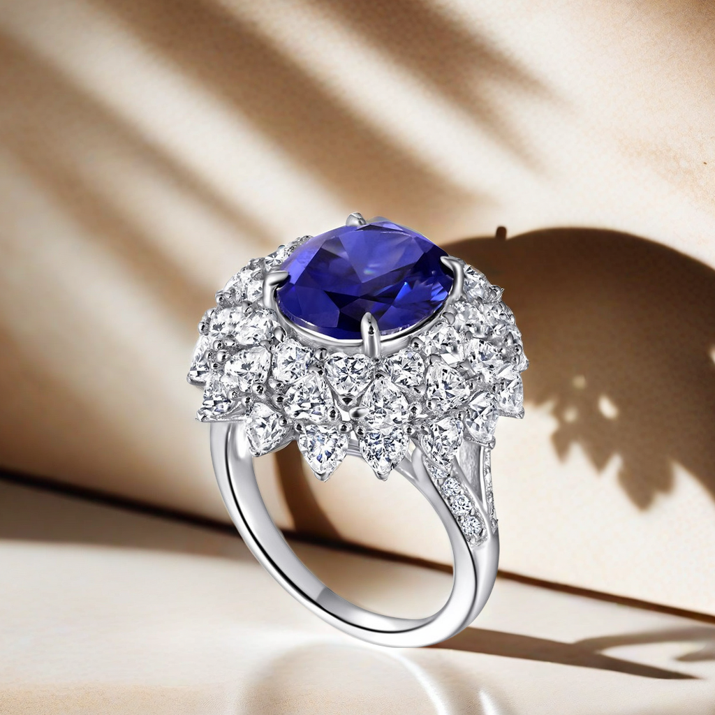 6CT 10*12 S925 sterling silver high carbon diamond cultivated sapphire Royal Blue ring finely elegant individualistic fashionable hotselling designer 
