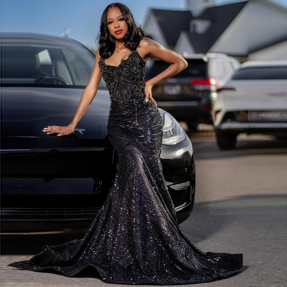 Black Sequin Prom Dresses 2025 Crystal Rhinestone Mermaid Party Dress Long Sheer Neck Evening Gowns vestidos de gala Customized