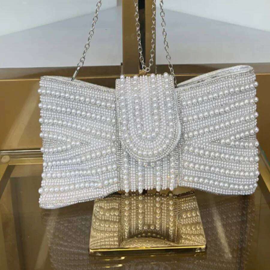 2025 Elegant Beaded White Bow Tie Clutch Bag For Women|Wedding Party Evening Purse|Sparkling Rhinestone Handbag|