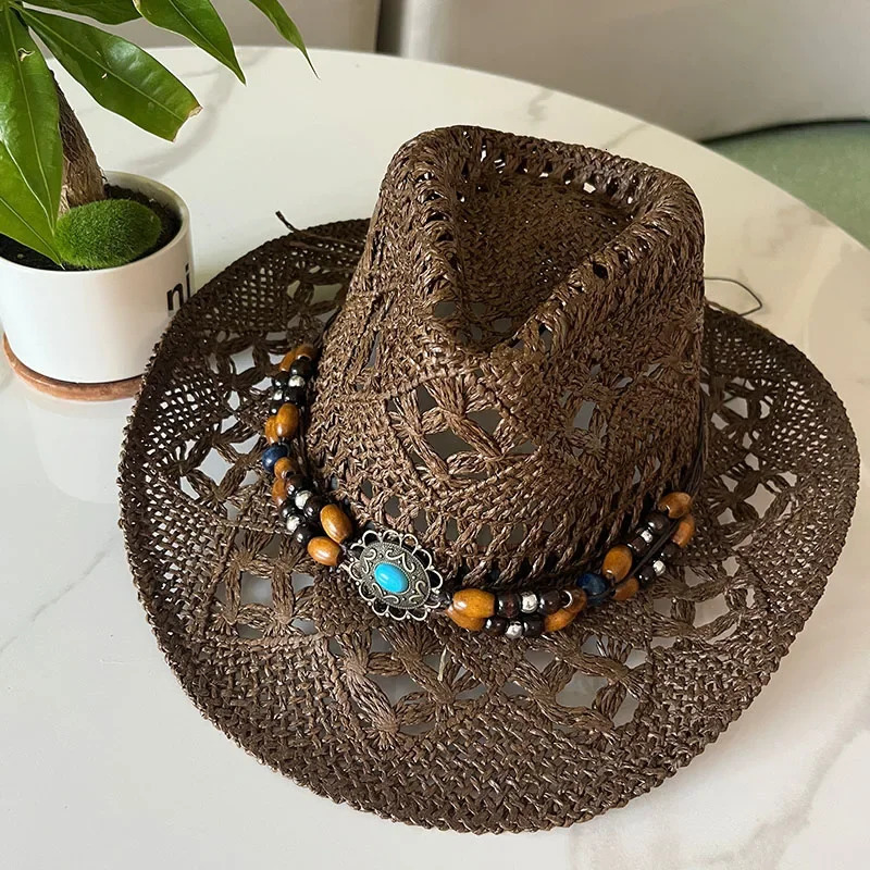 Vintage Summer Beach Bohemian Straw Hat Shell Women Men Western Cowboy Hats Wooden Beads Hollow Out Sun Hat Holiday Cap 250526