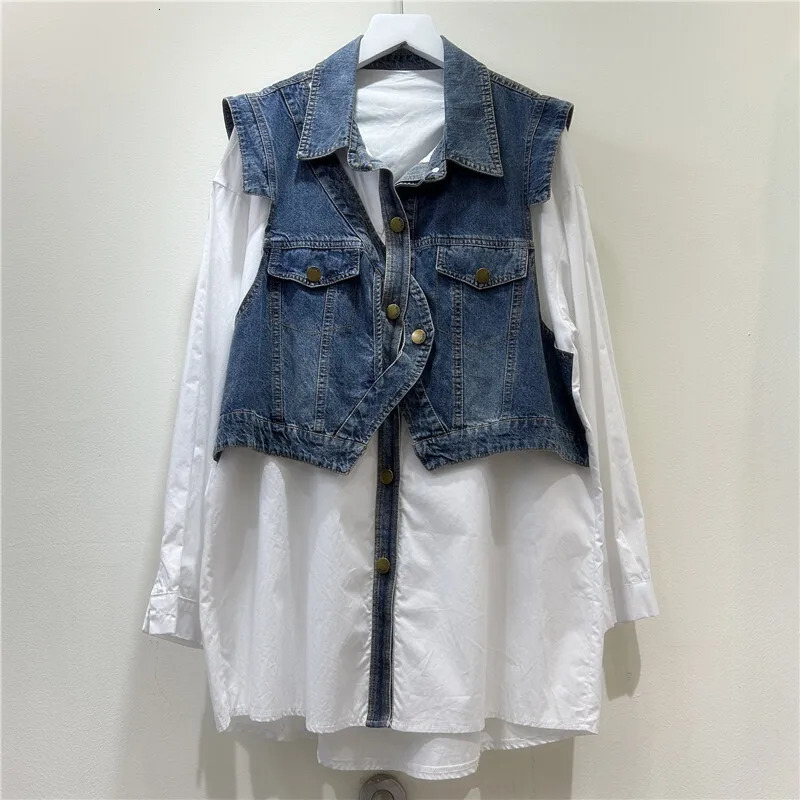 DEAT 2025 Spring Fashion Fake Two Piece Denim Patchwork Single Breasted Blouse For Women Lapel Trendy Shirts Female 29L9481 250523
