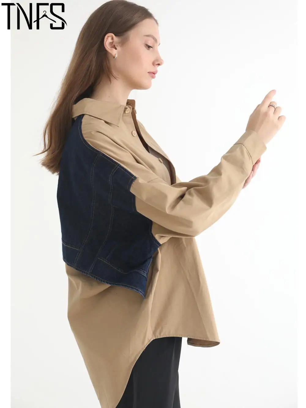 Getsring Women Blouse Denim Patchwork Stitched Ladies Shirt Long Sleeve Loose Leisure Irregular Shirts Fake Two Female Tops 250523