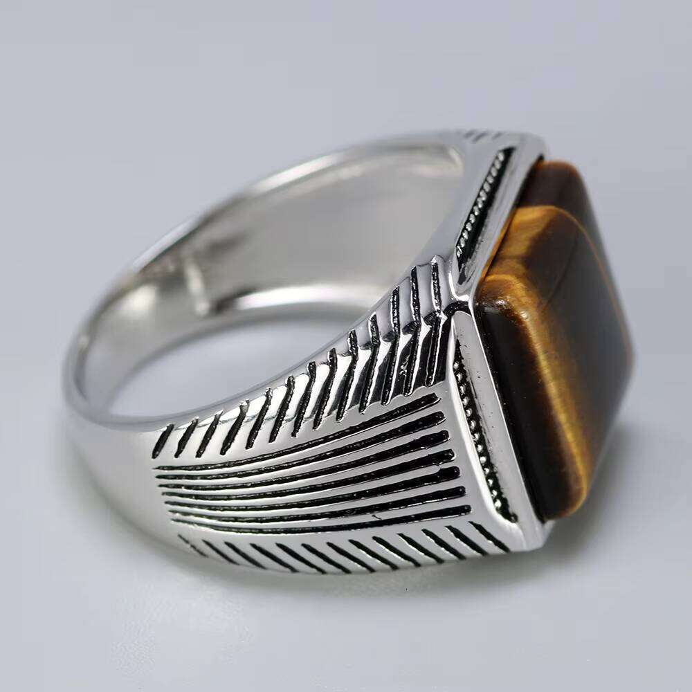 New Arrival Sterling Sier Man Ring Tiger Eyes Fine Stripe Pattern Natural Stone Cool Retro Punk Custom Jewelry