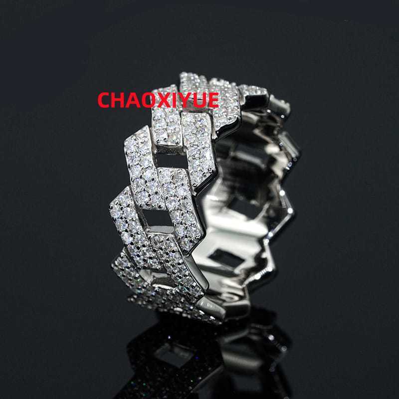 Luxury 925 Sterling Sliver Cuban Link Ring with round Brilliant Cut Moissanite Diamond for Wedding Engagement Party Gift