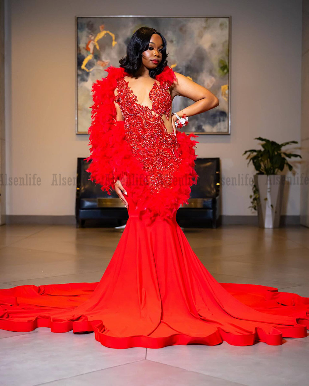 Amazing Red Prom Dresses Luxury Crystal Diamond Mermaid Party Gowns 2025 Feathers Evening Dress Customized