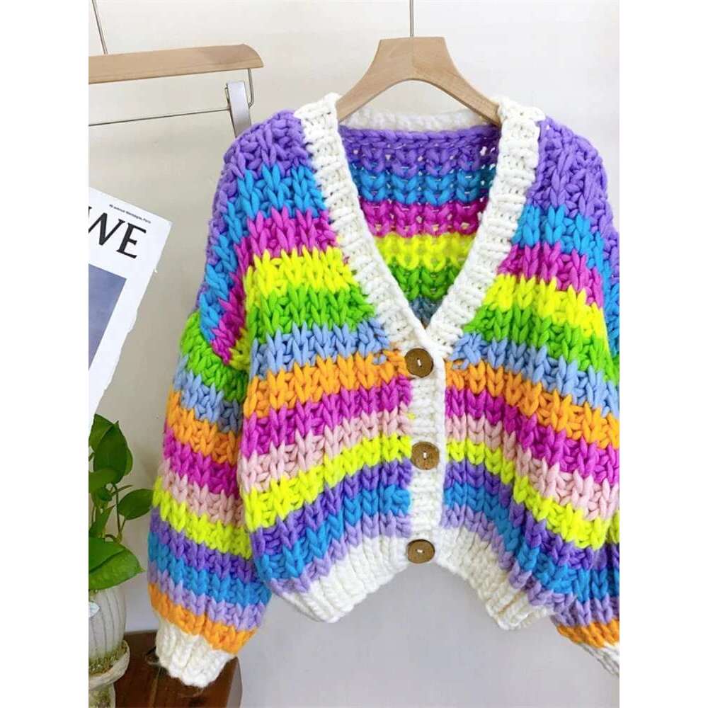 Vintage Women Knit Ribbed Long Sleeve Single Breasted Oversized Cardigan Sweaters Rainbow Tops 2024 Ins Street Outwear