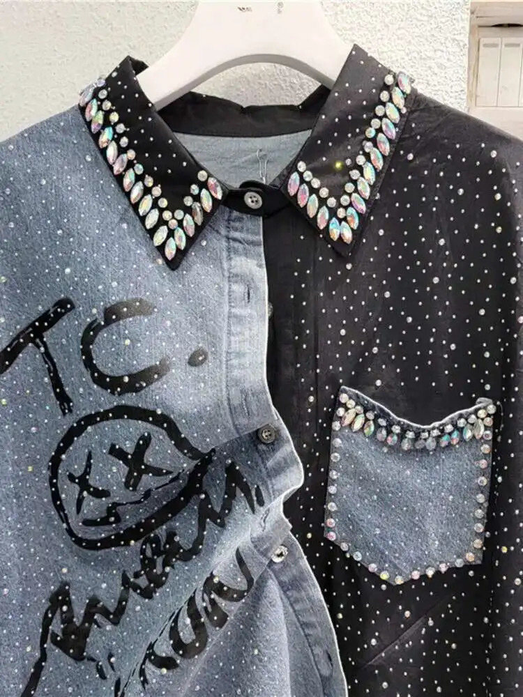 EWQ High Street Beading Diamond Patchwork Black Denim Shirt Y2K Fashion Loose Casual All Match Blouse 2025 Spring Autumn U7602 250523