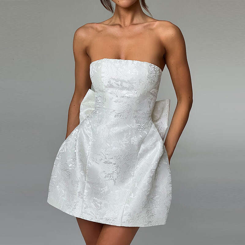 YJ24112 Summer 2025 New Fashion Style Elegant Sexy Jacquard Strapless Bow Mini Dress for Women