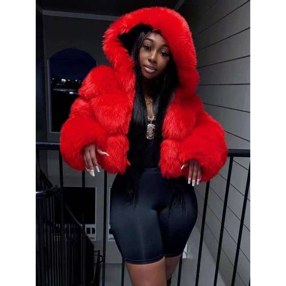 Joskaa Solid Furry Cropped Faux Fur Down Coats Women Fluffy Zipper Long Sleeve Hooded Jacket Outwear Winter Tops 2023 Streetwear