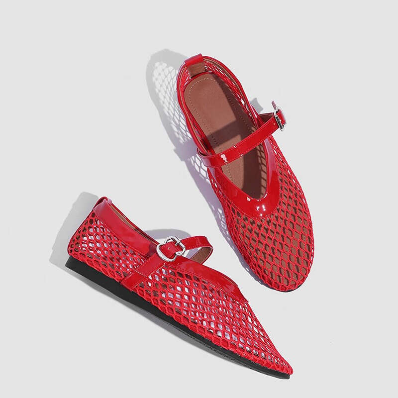 French Style Mesh Breathable Mary Jane Shoes Spring New Shallow Mouth Flat Fishnet Hollow Sandals for Women