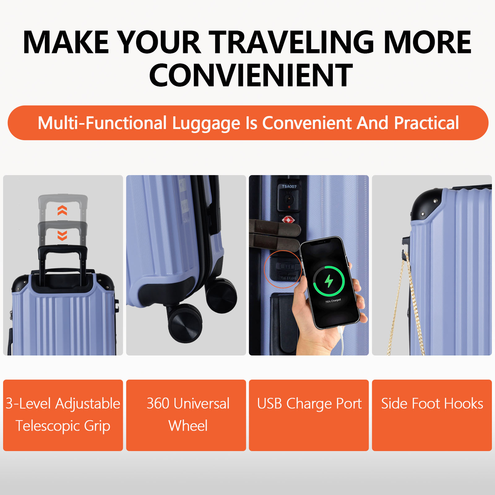 20 Inch Expandable Carry On Suitcase with TSA Lock - Purple ABS Luggage for Personal Travel & Business Trips, Durable Corner Protector