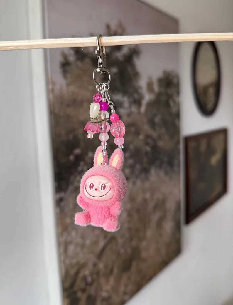 Labubu keychain Fuzzy Monsters cute keychain Pink Purple Yellow bag charm W250526