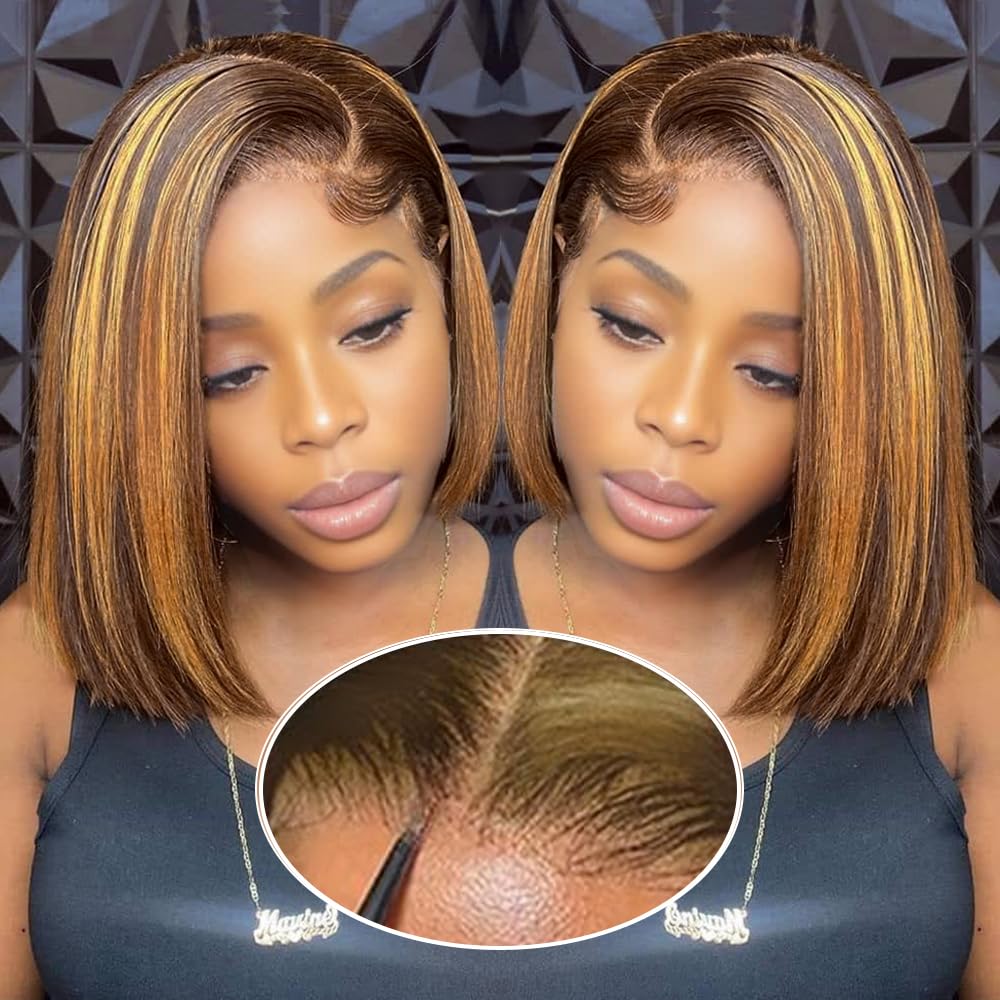 Baby Hair Straight Bob Orange Simulation human Hair Pixie Cut Peruvian Lace Frontal Wig For Women 13x4 HD Glueless Transparent Lace Front Synthetic Wi
