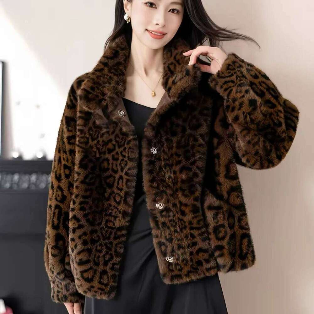 Faux Mink Fur Coat for Women, Single Breasted Jacket,Leopard Print Overcoat,Female Tops, Designer Clothes New, Winte,2024