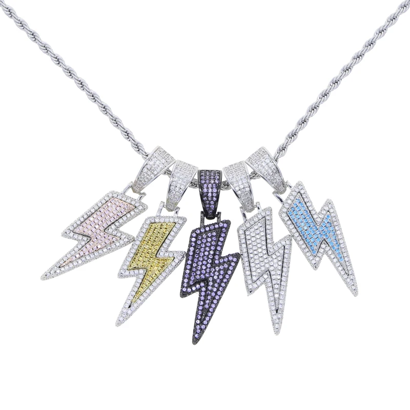 sdzstone 2025 New design Lightning Pendant Necklace Ice Out Bling Tow Tone Color Cubic Zircon Charm Men's Women Hip Hop Fashion Jewelry