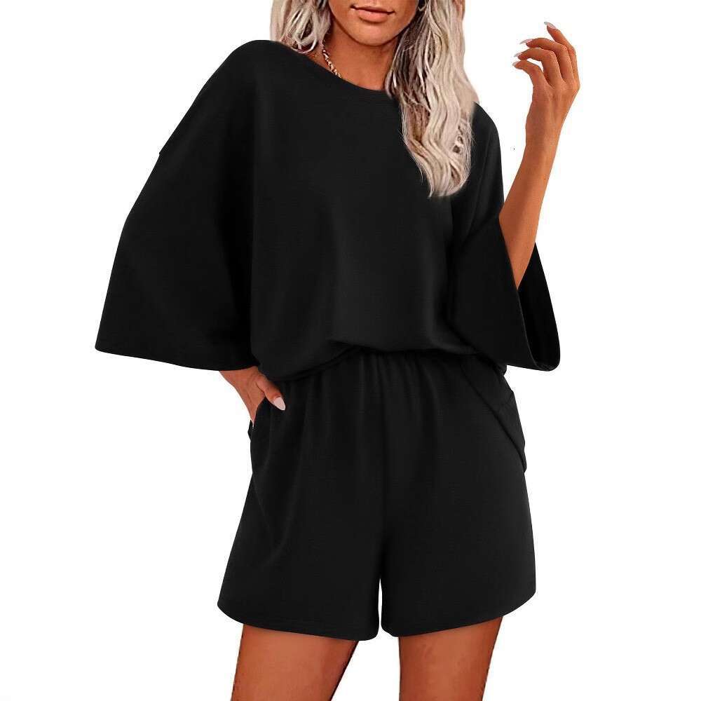 Women's Spring Summer Fashion Casual Loose Round Neck T-Shirt Top Short Sleeve Shorts Two-Piece Set