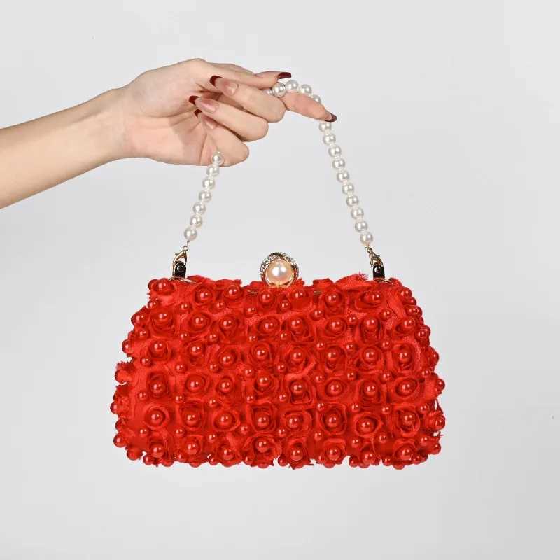 Wedding Party Evening Bag Luxury Double Sided Rose Appliques Champagne Banquet Handbag Pearl-handle Red Clutch Bags for Women W250527