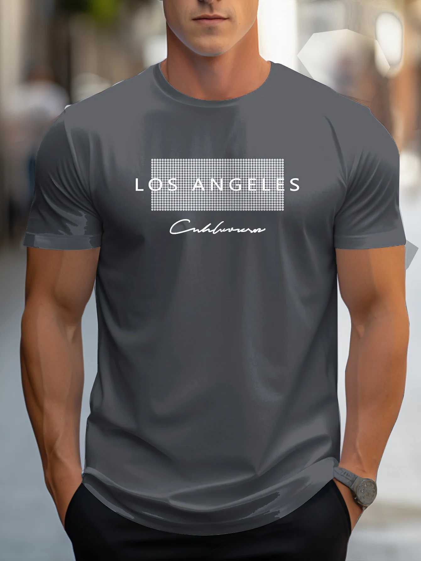 Mens 100% cotton summer loose fit large Los Angeles Graphic printed slim fit casual sports round neck short sleeved T-shirt top Z250527