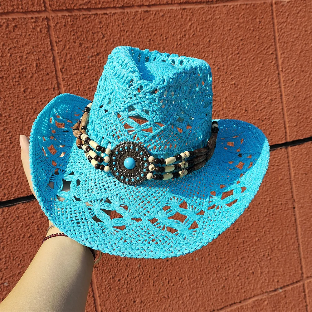 Western Cowboy Straw Hat for Men and Women Hollowing Out Summer Sun Beach Hat Protection Outdoor Fishing Climbing Retro Cap 250526