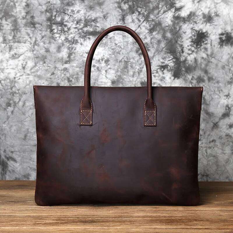 NZPJ Retro Men's Briefcase Leather Casual Handbagtop Layer Cowhide Business Tablet Bag Thin Clutch For 16-Inch Laptop