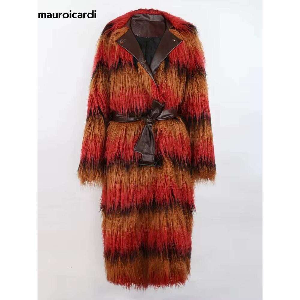 Mauroicardi Winter Long Colorful Striped Thick Warm Pu Leather Patchwork Faux Mongolian Fur Coat Women Fluffy Overcoat