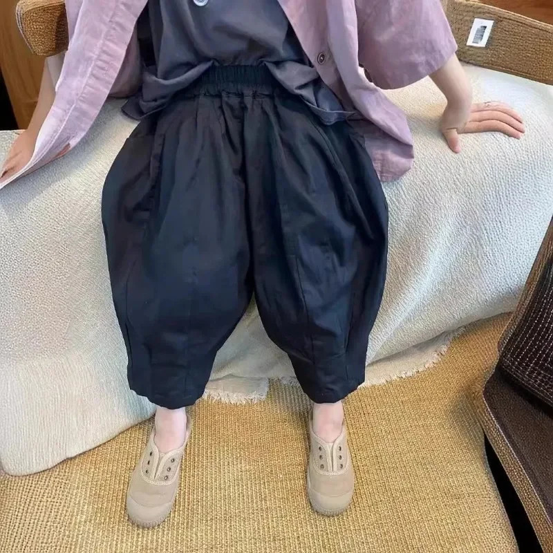 Childrens Pants Korean Summer Girls Solid Color Casual Wide Leg Cropped for Boys Versatile Harlan Pants 250527