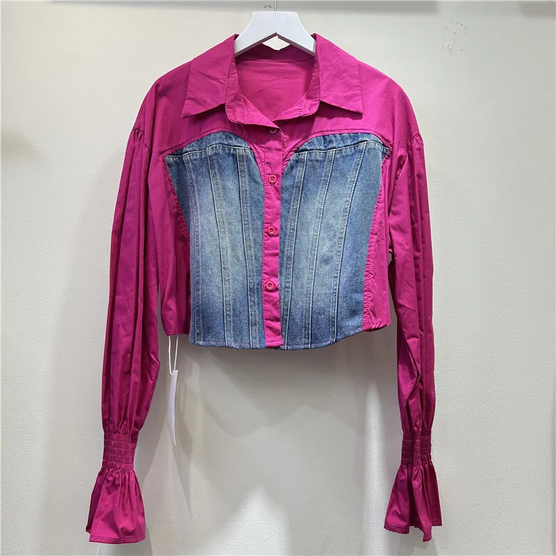 WTHT Trendy Fashion Womens Patchwork Denim n Short Shirt 2025 Spring Flare Long Sleeve Blouse Female 1LS697 250523