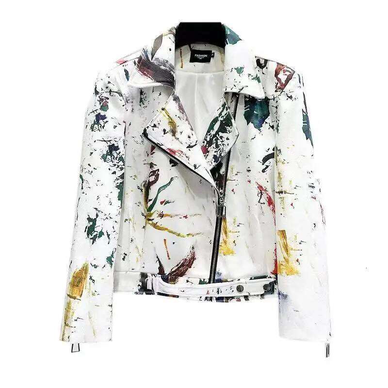 Spring Autumn Men's Graffiti Print Jackets Fashionable Splashing Ink Zipper Motorcycle Personality Advanced Male Coat