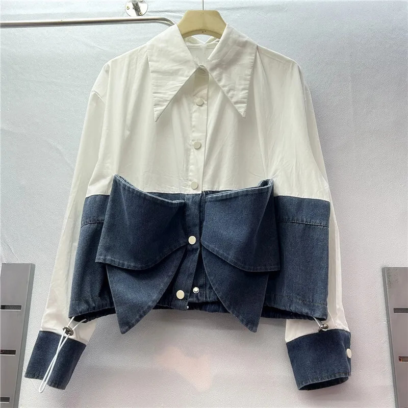 DEAT Womens Shirt Loose Patchwork Denim 3d Bow Single Breasted Drawstring Short Loose Blouse Summer 2025 Fashion 29L9126 250523