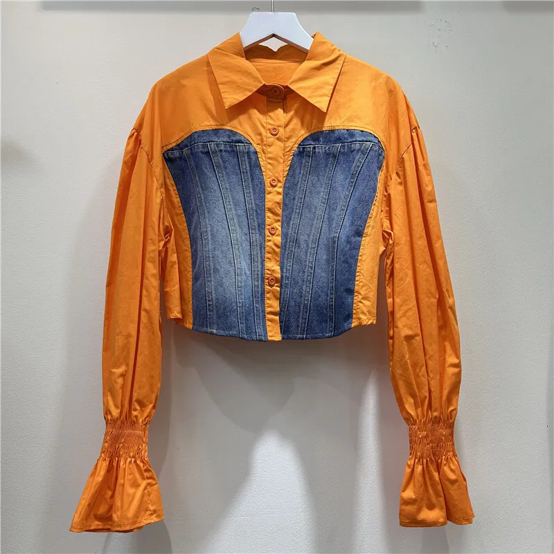 WTHT Trendy Fashion Womens Patchwork Denim n Short Shirt 2025 Spring Flare Long Sleeve Blouse Female 1LS697 250523