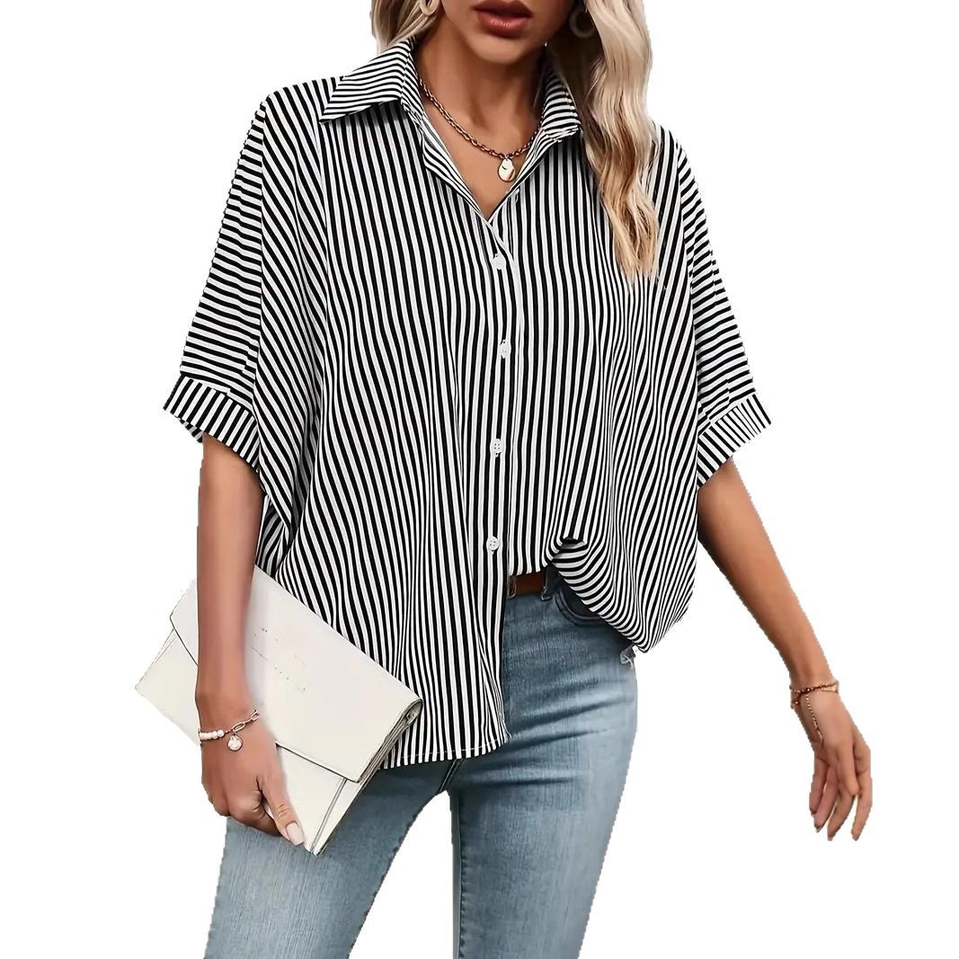 Women's striped shirt, summer fashion, loose five quarter sleeves