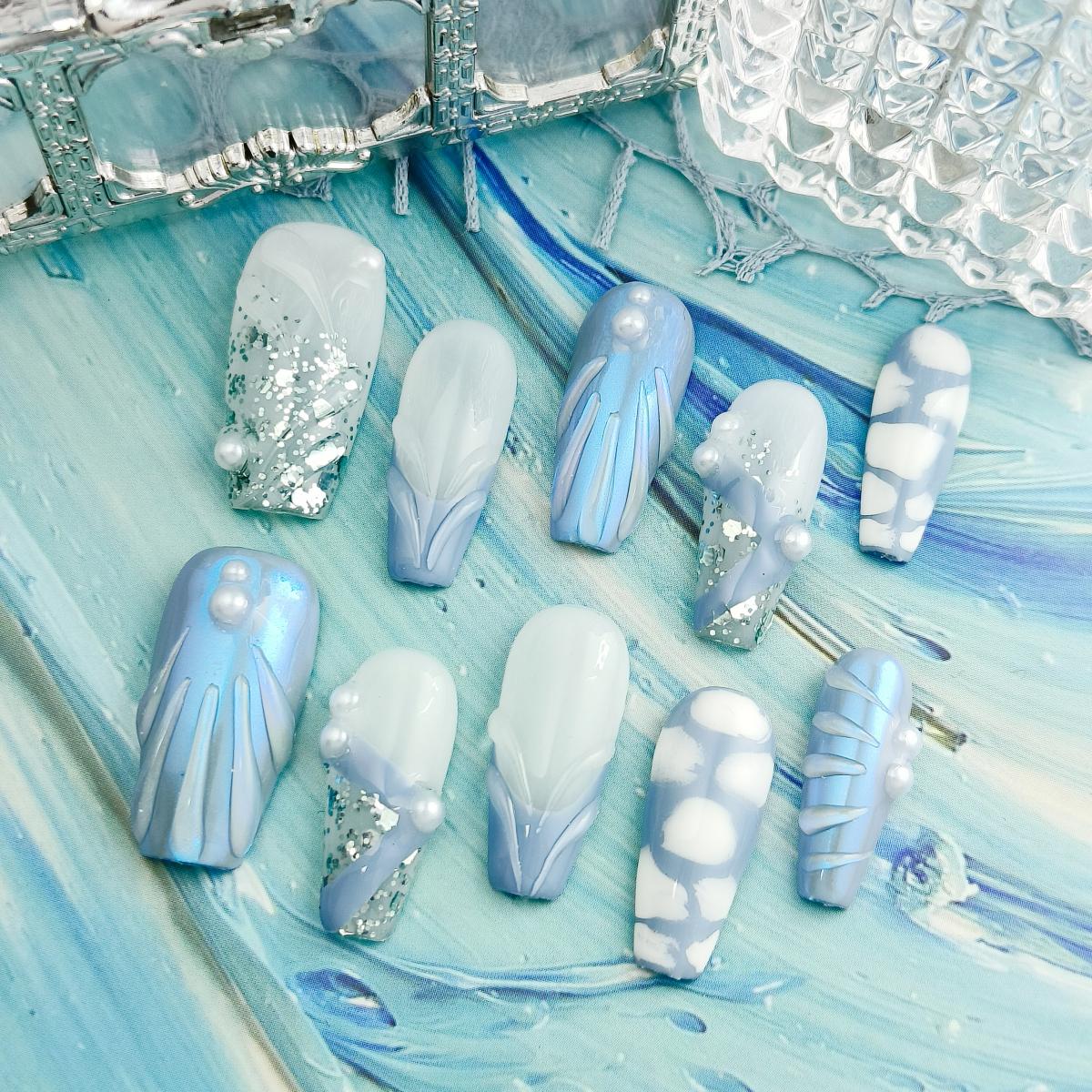 10pcs Handmade Press-on nails Long Coffin Nails 3D Hand drawn Fake nails Bundle Sweet Pearl Sequin Finished nail stickers Free storage box jelly glue 