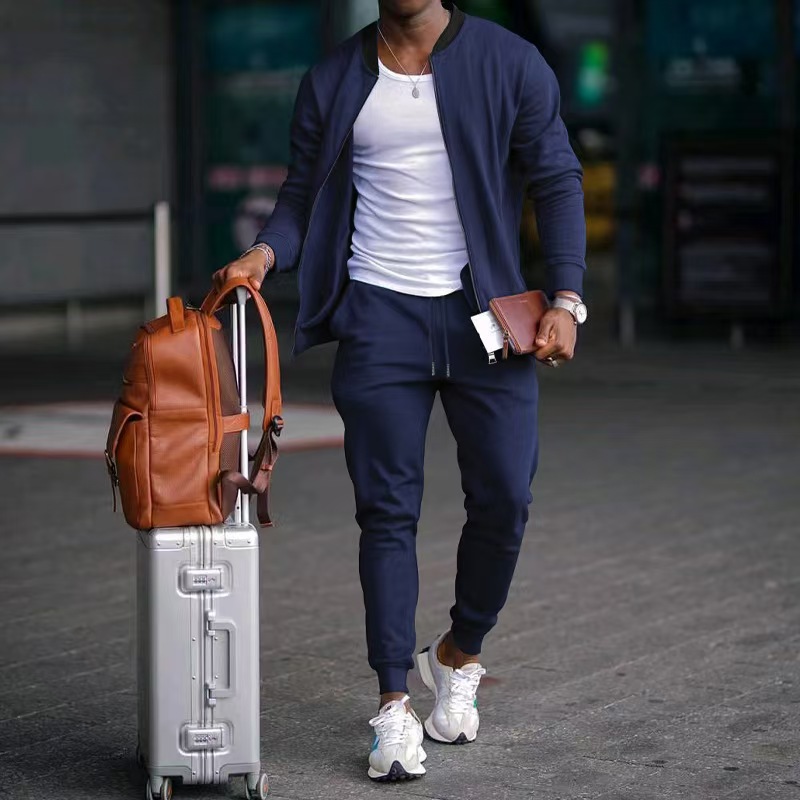 Mens suits Designer long two-piece set New solid color jacket for men Fall and spring drop-shoulder trendy turn-down stand collar plus size men's