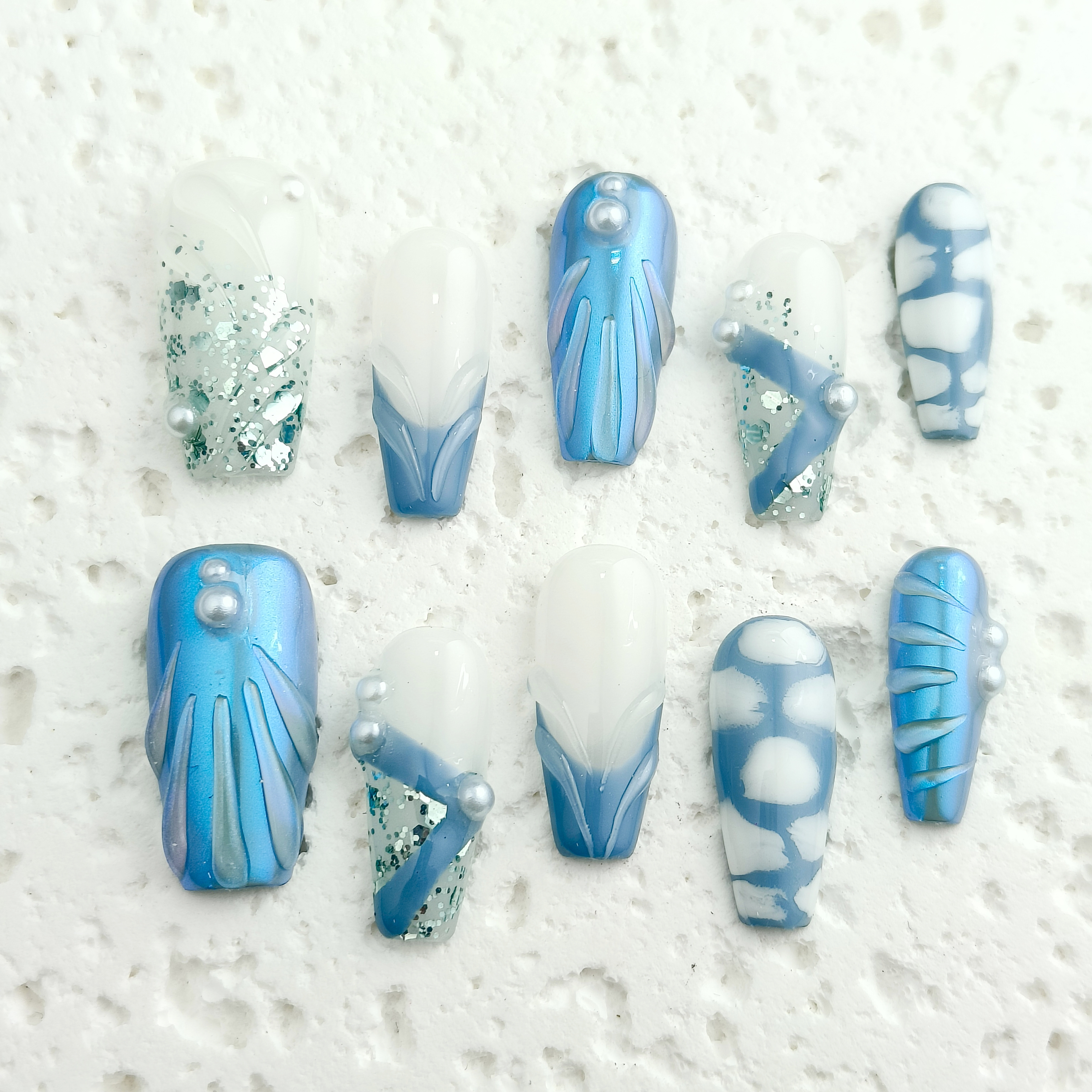 10pcs Handmade Press-on nails Long Coffin Nails 3D Hand drawn Fake nails Bundle Sweet Pearl Sequin Finished nail stickers Free storage box jelly glue 