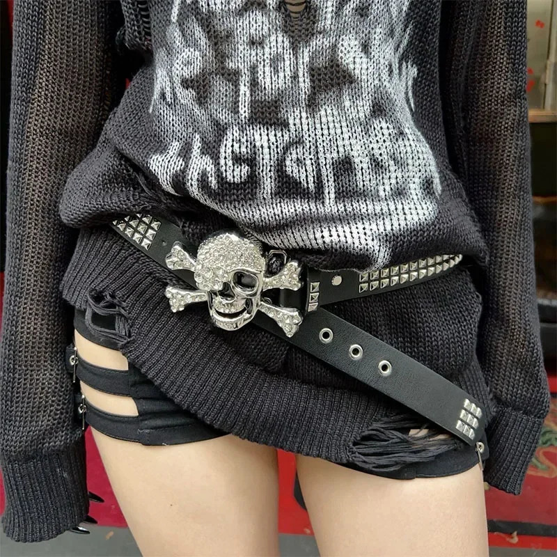 American Hip Hop Skeleton Belt Womens Wide Belt Y2K Belt Punk Style Willow Nail Black Versatile INS Casual Belt Belt 250520