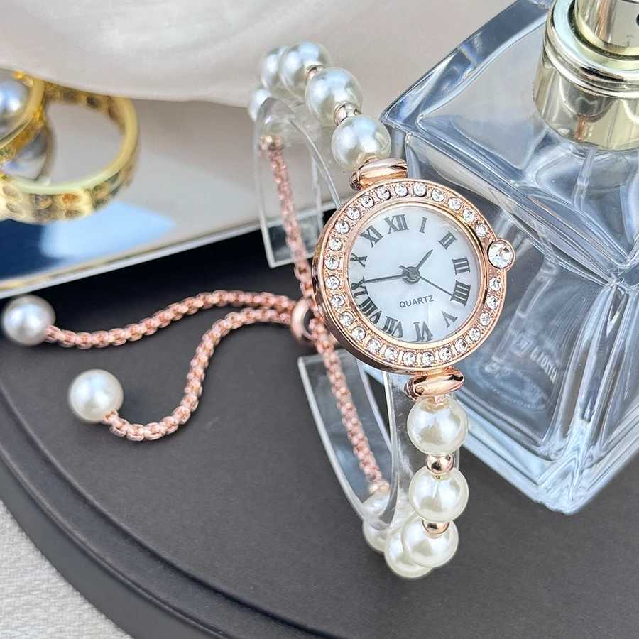 Ladies diamond-encrusted Roman numeral dial white bead bracelet fashionable versatile small exquisite quartz watch for women XJ250527