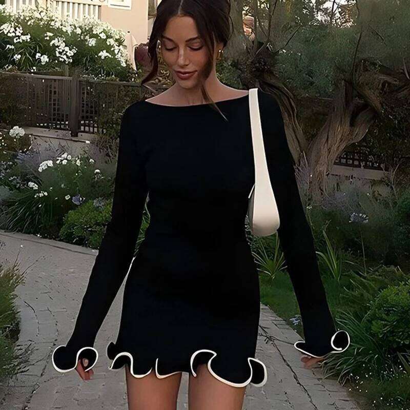 Women Dresses Elegant Round Neck Pleat Long Sleeve New Casual Slim Pink Sexy Black Mini Female Chic Party Street Dress