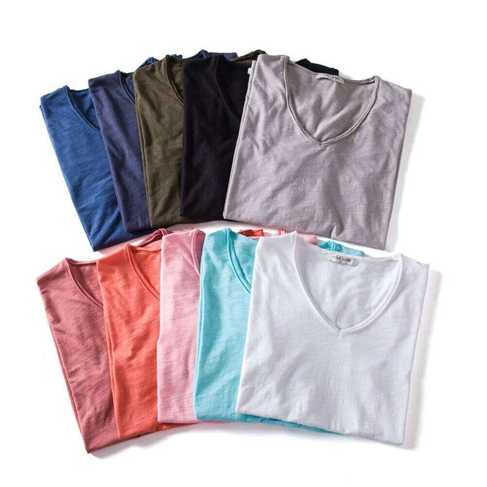 Brand Quality Cotton Men T shirt V neck Fashion Design Slim Fit Soild Male Tops Tees Short Sleeve