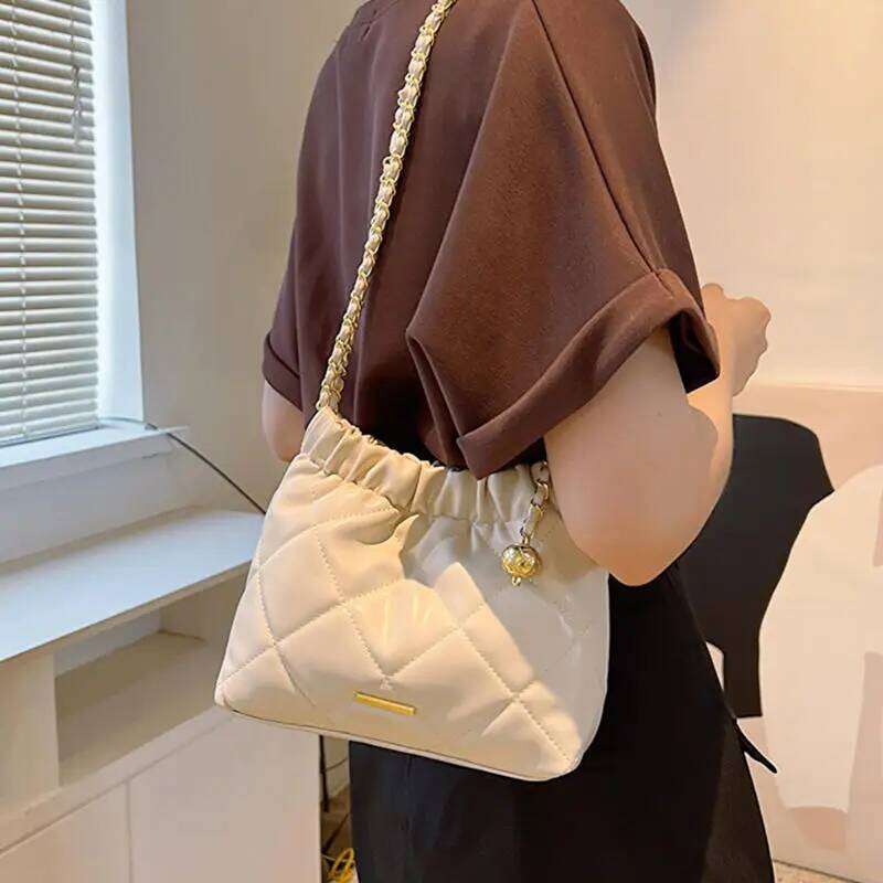 Shoulder For Women Girls PU Leather Pleated Plaid Crossbody Bucket Large Capacity Tote Handbag Fashion Underarm Bag