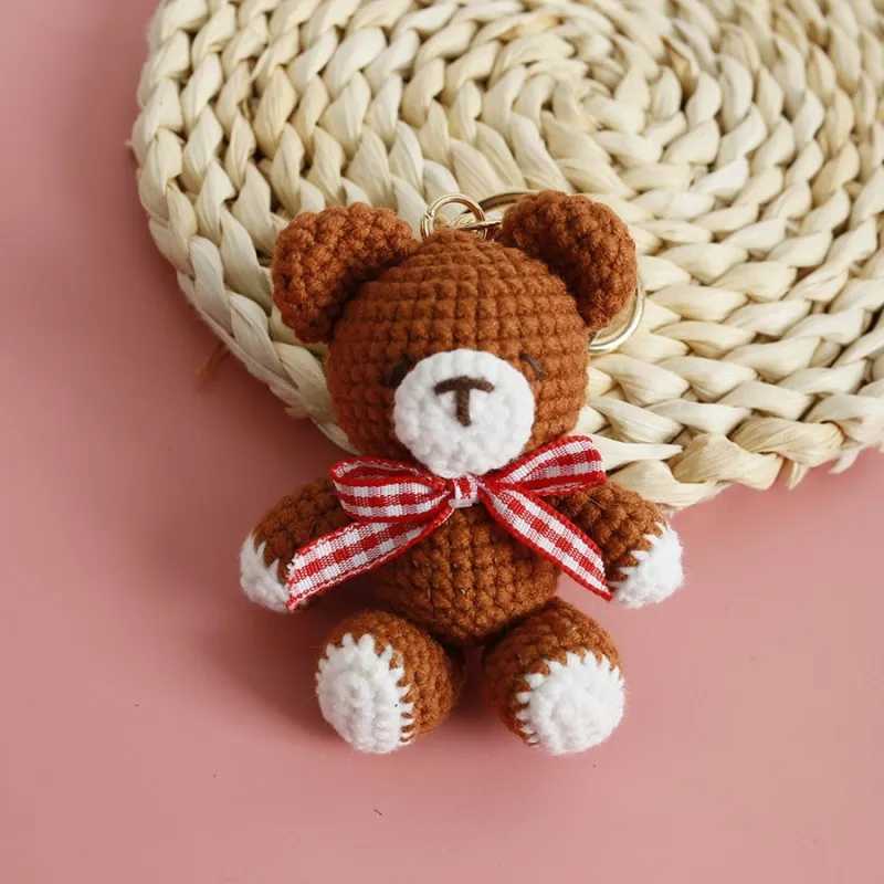Cute Brown Bear Doll Crochet Keychain Creative Knitting Bow Knot Small Bear Keychain For Bag Pendant Knitted Doll Accessories W250526