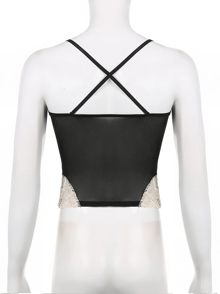 Rockmore Lace Stitching Camis y2k Aesthetic Goth Black Corset Crop Top Clubwear Mesh Transparent Sexy Tank Tops Vintage Grunge 250523