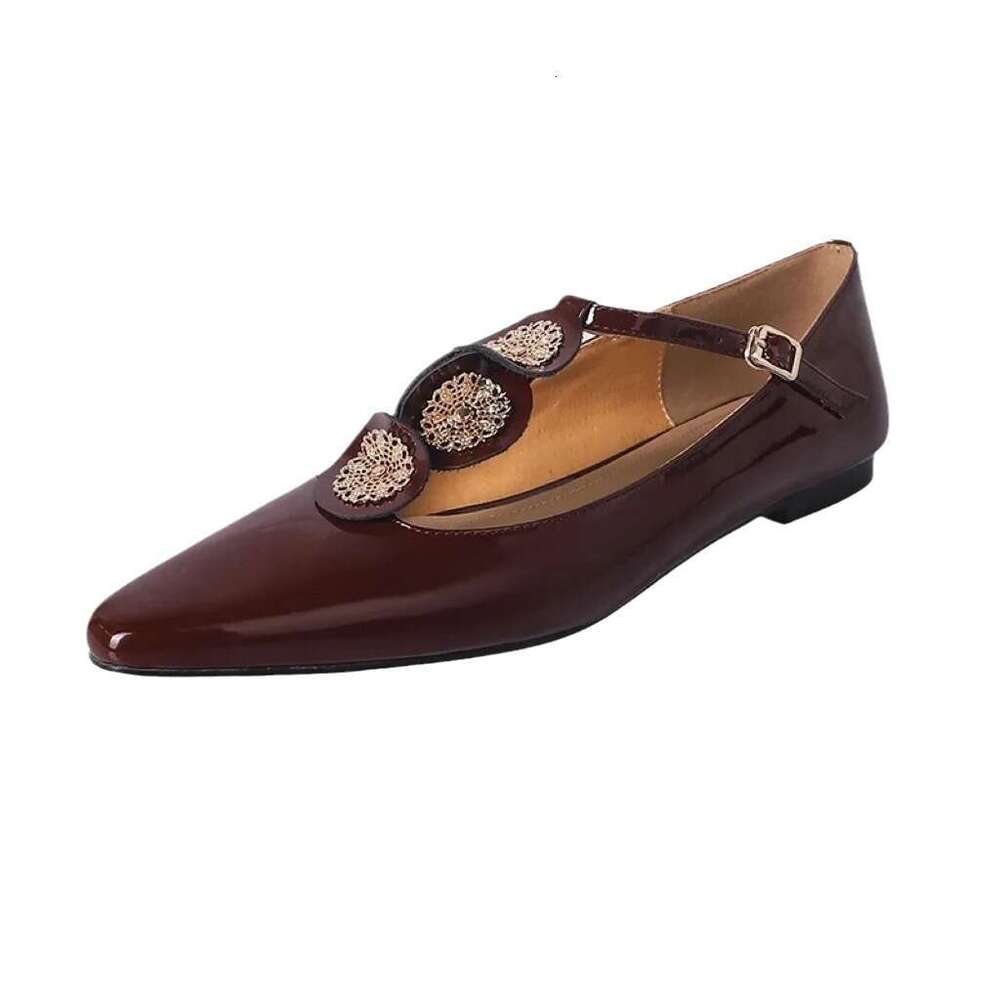 --New Gold French Style Flat Flower Mary Jane Patent Leather Fashion Pointed Toe Shallow Mouth Single Shoes