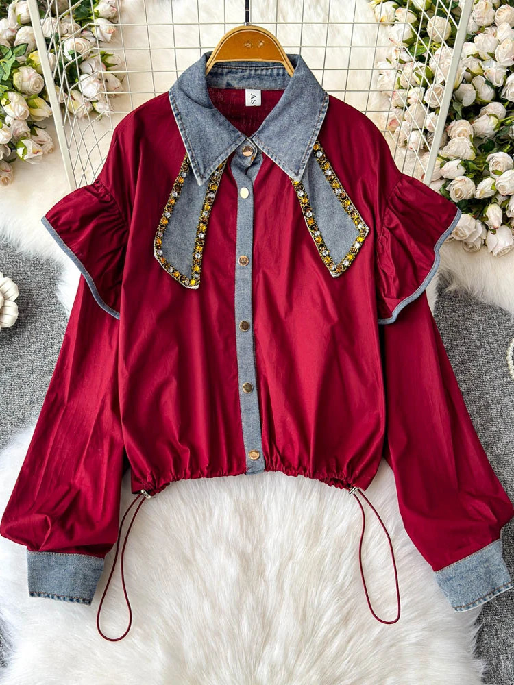 2025 Spring Blouse Lantern Sleeve Denim Patchwork Ruffles Draw String Shirts Fashion n All Match Elegant Women Clothing 250523