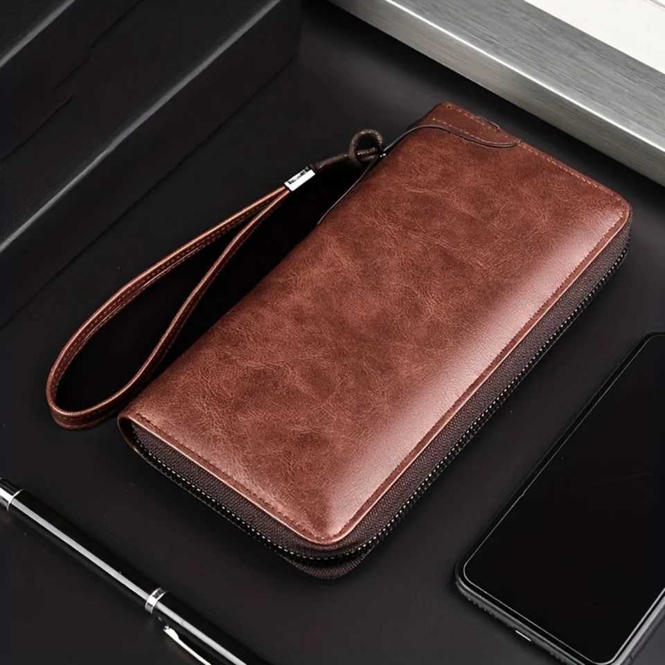Classy Long Secure Zipper Mens RFID Blocking PU Leather Wallet - Solid Black Color Perfect for Business and as Card Holder Z250527
