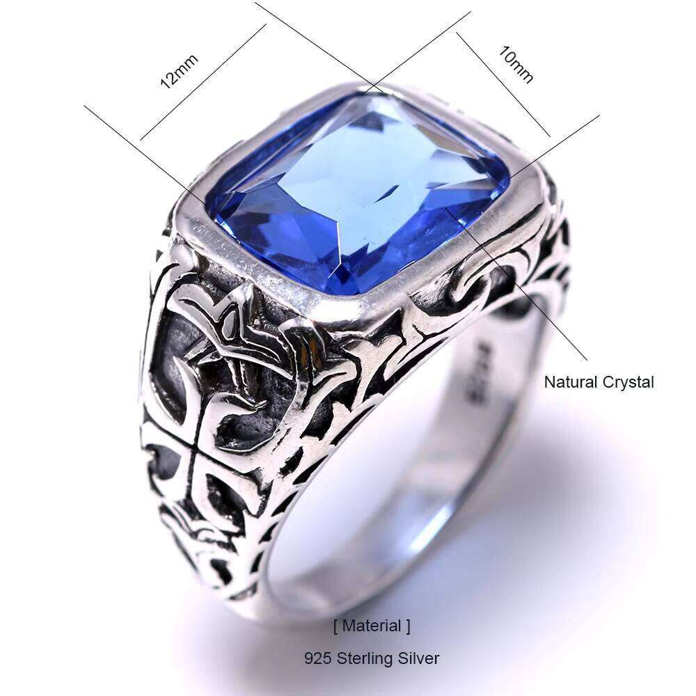 Real Pure Sterling Sier Rings for Men Blue Natural Crystal Stone Mens Ring Vintage Hollow Engraved Flower Fine Jewelry