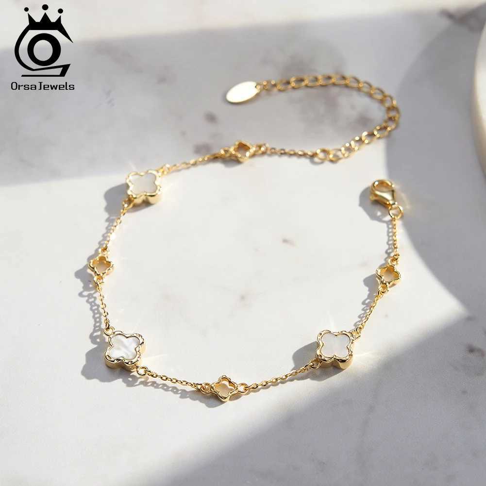 ORSA JEWELS Natural Shell Jewelry Four-leaf Flower Bracelet 925 Silver High-quality Four-leaf Clover Bracelet Wedding Gift GMB68 W250526