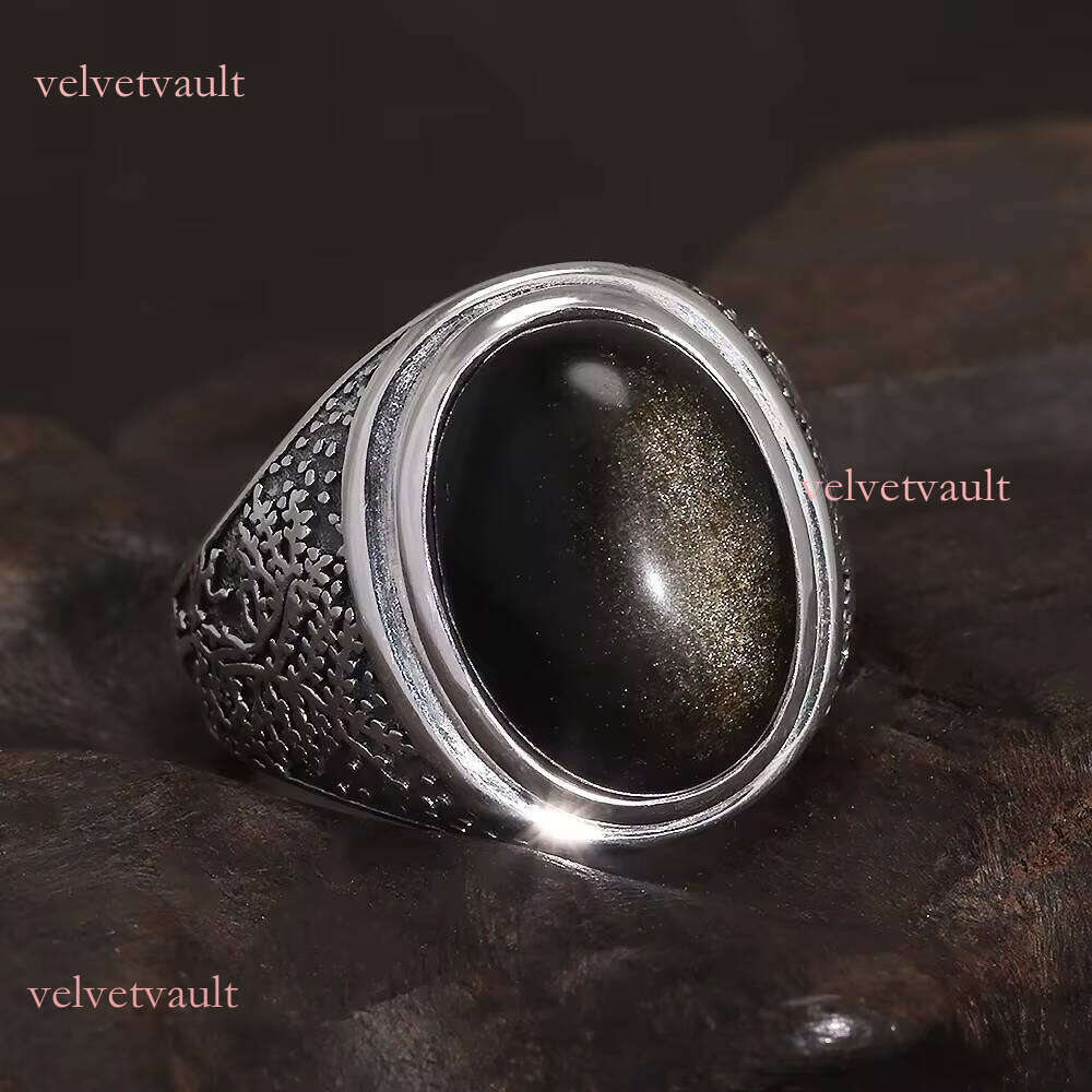 Sterling Sier Natural Golden Obsidian Ring for Men Engraved Tree Authentic Gemstone Turkish Rings Vintage Female Jewelry